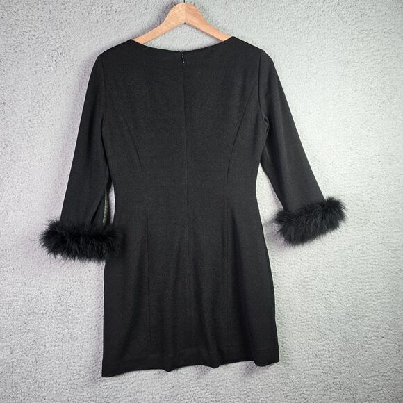 Tahari Black Ruched Side Pleat Feather Cuff Shift Dress 6 Cocktail Statement - Picture 3 of 13